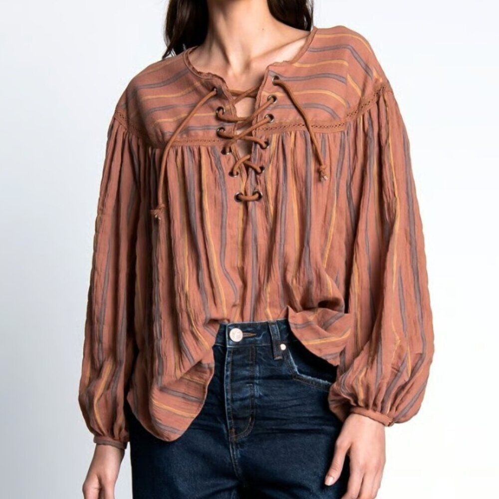 One Teaspoon Desert Stripe Tunic Top Size S Brown Peasant Boho Balloon Sleeve